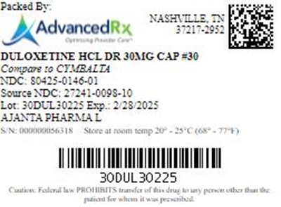 Duloxetine HCl Dr 30mg Cap Qty 30 Ndc 80425 0146